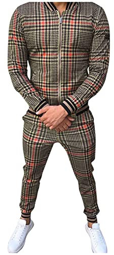 QWUVEDS Herren Winter Casual Street Woven Jacket Coat Pants Plaid Zweiteiler Polyester Jogginganzug Herren (0904A-Coffee, XXL)