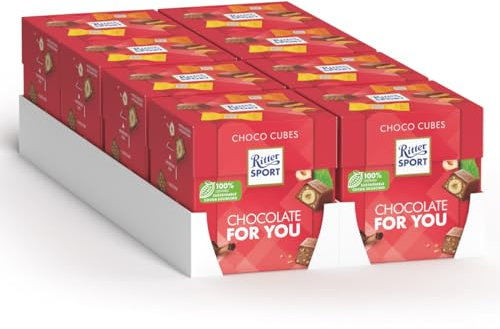 Ritter Sport Schokowürfel Schokogruss, Schoko Crisp, Karamell, Edelnugat und Voll-Nuss in Nugatcreme, perfekt zum Naschen und Genießen, geeignet für Muttertag und Vatertag, 8 Boxen mit je 176 g