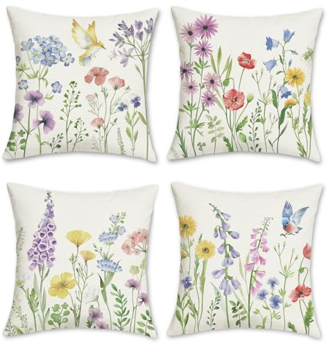 Bonhause 4er Set Kissenbezüge Blumen Garten 45 x 45 cm Blume Vögel Polyester Leinen Dekorative Kissenhülle Zierkissenbezüge für Sofa Zuhause Garten Outdoor Dekoration