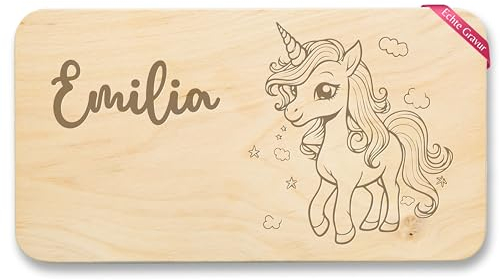 Frühstücksbrettchen Holz Natur - Einhörner - Frühstücksbrett Einhorn I Geschenke für Mädchen I Unicorn - 22x12 - Holz - kinder kinderbrettchen personalisierte und name holzbrett brettchen