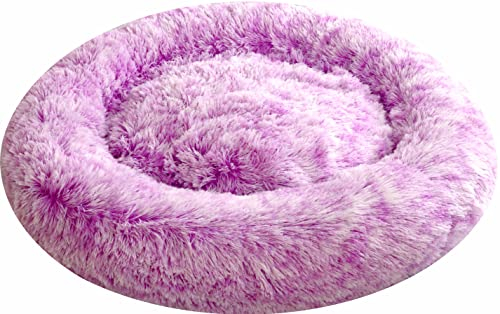 Comlax Beruhigende Donut Hundebetten XXXL, Rundes Kissen mit abnehmbarem waschbarem Bezug, Anti-Angst-Kunstfell-Kuscheltier, Flauschiges, bequemes, pelziges Haustierbett (115cm, Lila)