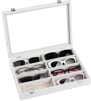Frebeauty Sonnenbrillen-Organizer, Samt-Brillen-Organizer, 8 Fächer, Sonnenbrillenablage mit transparentem Deckel, Sonnenbrillenbox, Sonnenbrillenetui, 34 x 24 x 5,6 cm, Brillen-/Brillenablage (weiß)