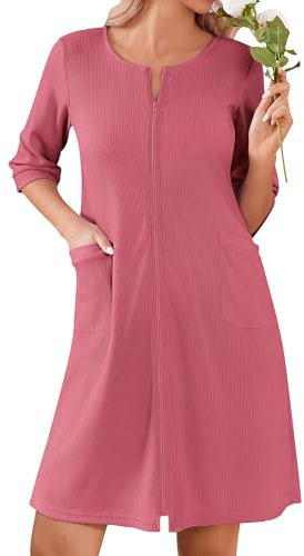 Ekouaer Damen-Bademantel mit Reißverschluss, knielang, Waffelstrick, leicht, Hausmantel mit Taschen, 3/4-Ärmel, Loungewear, S-3XL, Violett, Rot, Medium