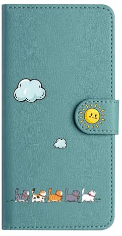 Nbziyoo Lovely Cats Phone Case for iPhone 13,Cute Cats/Sun Flip Wallet Case with Card Slots, Premium Magnetic PU Leather Cover for iPhone 13,Green