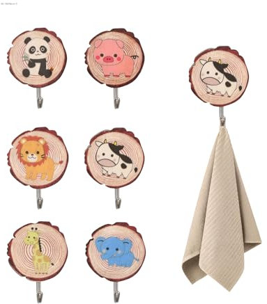 Futuhada 6 Pcs Ganchos de Madera Pared Lindo Autoadhesivos para Niños, Percheros Adhesivos con Forma Animal Infantiles, Perchero Infantil Gancho Adhesivo para Abrigos Animales para Sala Estar, Cocina