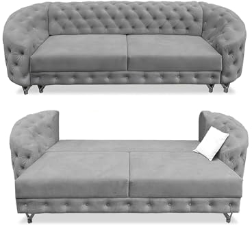 SILKMARKS® Chesterfield Sofa mit Schlaffunktion - 3-Sitzer Sofa - Premium Komfort - Wasserabweisender und kratzfester Samt - Couch mit extra Stauraum - Elegantes Design (Hellgrau)