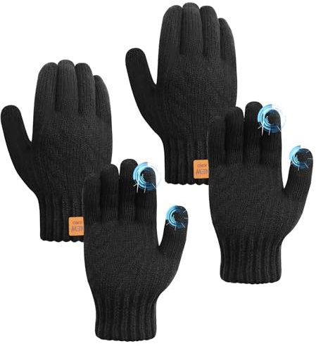 KASURE 2 Paar Handschuhe, Winter Strickhandschuhe für Damen Herren, Touchscreen Handschuhe, Elastische Winter Thermo Strickhandschuhe für Skifahren Radfahren (Schwarz* 2)