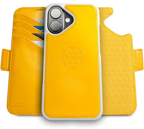 dreem Vegan Leather Magnetic Detachable Wallet Case for iPhone 16 Yellow | Built-in Phone Stand, RFID Blocking Card Holder Flip Cover, MagSafe Compatible, Gift Box [Fibonacci: Yellow]