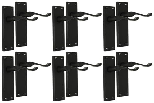 Matt Black Scroll Door Handle Set with Tubular Latches – Victorian Style Lever Handles for Internal & External Doors, Backplate Dimensions 150mm x 42mm (6 Pair of Handles)