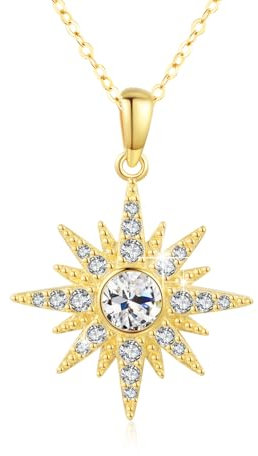 MEDWISE Stern Kette Frauen 925 Sterling Silber Gold Achtzackiger Stern Halskette Vergoldete mit Weiß Zirkonia Kette Gold Stern Mondstein Schmuck für Damen Mädchen Tochter Freundin Geschenk Weihnachts