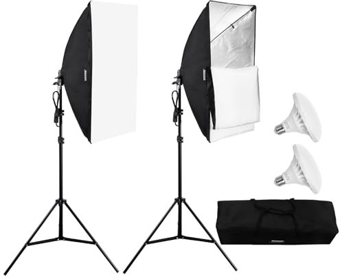 VEVOR Kit di Illuminazione Softbox, Softbox Professionale con Lampadine LED da 30 W 5500 K, Luce Naturale, Treppiede Regolabile, Luci per Fotografia, Registrazione Video, Streaming Live 500 x 700 mm