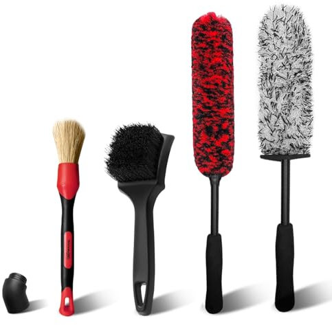 YeewayVeh Alloy Wheel Brush - 4PCS Pro Car Wheel Cleaning Kit, Wheel Brush for Alloy/Steel Rims + Detailing Brushes, No-Scratch, Red