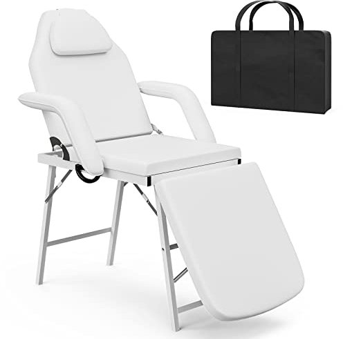 ONPNO Portable Beauty Bed, Adjustable Massage Table with Storage Bag, Folding Salon Tattoo Chair for Facial, Spa, Lash, White