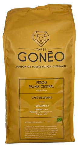 CAFÉS GONÉO - Café En Grains - Pérou Palma Central - 100% Arabica - Notes de Chocolat, Praliné & Fruits Secs - Café BIO - Raffiné et équilibré - Dégustation gourmande - 1 kg