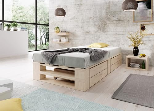 Lermowood Palettenbett M2 aus Holz 100 x 200 cm Natur mit Lattenrost und 2 Bettkästen Holzbett 30cm Stabiles Seniorenbett Kinderbett Jugendbett Gästebett erhöhtes Bettgestell Futonbett Komforthöhe
