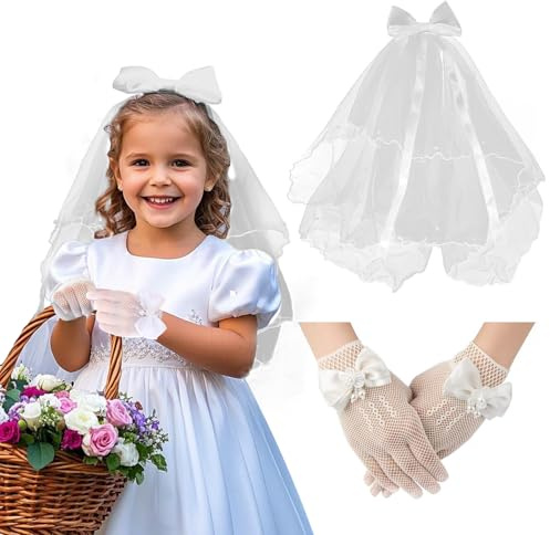 El velo novia traje de guantes de la niña, guantes de la boda del Lazo velo de novia de las niñas velo de la guantes blancos niña la Primera Comunión Decoraciones de la fiesta de Halloween