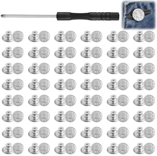 TIESOME 48 Stück Jeans Knöpfe Ohne Nähen, 17 mm Ersatz Knöpfe Button Pins mit Schraubendreher Jeansknopf Metall Hosenknopf für Jeans, Kleidung, Hosen, Taschen(Silber)