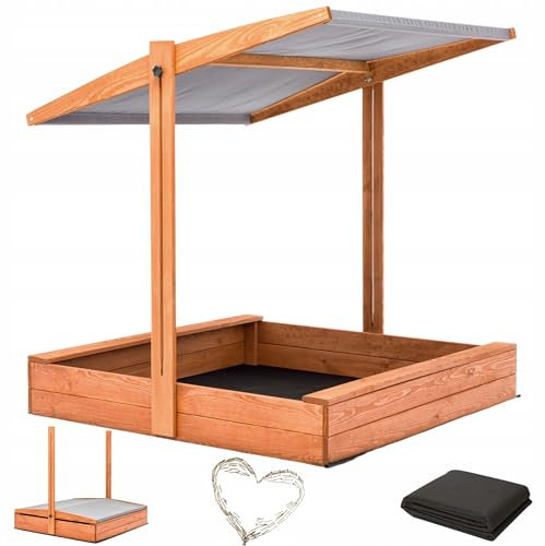 Sandkasten mit Dach 120x120 Imprägniert Modell 2025 mit Sonnenschutz mit UV 100+ Schutz Sandbox mit Sandkastenvlies Holz, Sandkiste Sandbox Anthrazit (120x120 mit Dach Grau)
