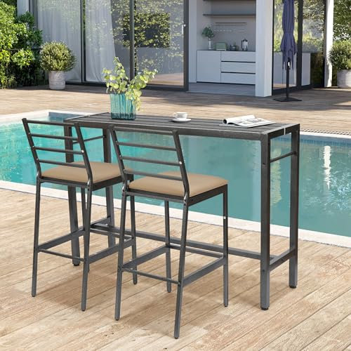 3-teiliges Rattan-Gartenmöbel-Set, Terrassenbar, Esstisch-Set, 139,7 cm, rechteckig, robust, Bartisch mit 2 gepolsterten Barhockern, für Hinterhof, Veranda, Bistro, Balkon