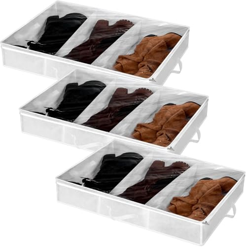 SATINIOR 3 Pcs Under Bed Shoe Storage 3 Section Boot Box White