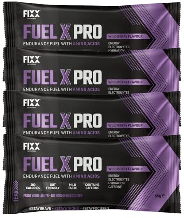 Fixx Nutrition Fuel X Pro Endurance Fuel with Amino Acids - Energy, Electrolytes, Hydration - 4 x 55g Sachets (4 x 55g Sachets, Wild Berry (Caffeinated))