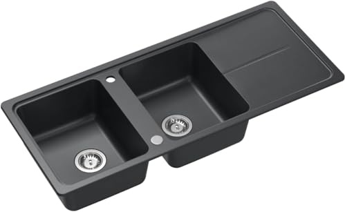 QUADRON Spülbecken NEAL 121 Granitspüle Küche, Größe: 116 x 50 x 20,5 cm, Farbe: Schwarz, Küchenspüle Einbeckenspüle, 2 Beckenspüle Küchenspüle, 2-Kammer-Spülbecken mit Manuell Siphon