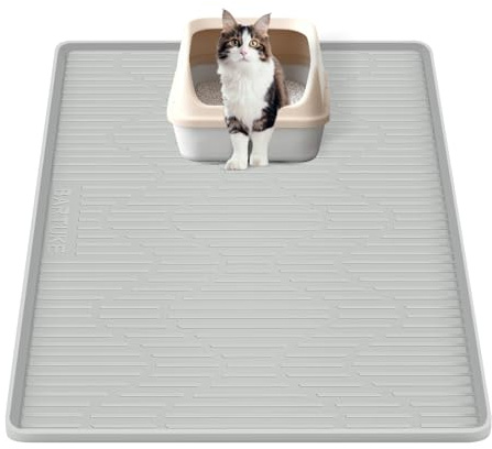 Bartuke Silikon Katzenklo Katzenstreu Matte Groß,Wasserdicht,61x43cm,Grau | Katzenklo Unterlage Silikon, rutschfest Klein Silikon Matte mit Rand für Katzentoilette, Streumatte Katzenklo, abwischbar