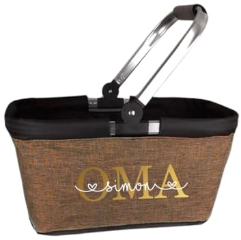 AWASG Einkaufskorb Oma personalisiert, Personalisiertes Geschenk Einkaufstasche mit Name, Tragekorb mit Alurahmen faltbar, 20L braun