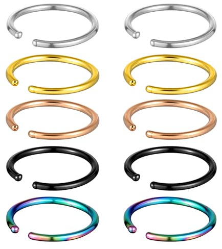 Qulkws 10 Stück Edelstahl Fake Nasenring Piercing, Fake Nasenpiercing Ring, Piercing Unisex Lippenring, Nasenringfakes, No Nadel Ohrring, Ohrring, Nasenring (5 Farben)