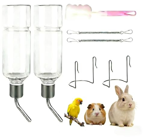 ErgoBuild 2 Stück Keine Tropf Trinkflasche Kaninchen 350ml, Meerschweinchen Trinkflasche Hasen Hasentränke, Nagertränke, Meerschweinchen Tränke, Zwergkaninchen Zubehör, Transparent, Kunststoff