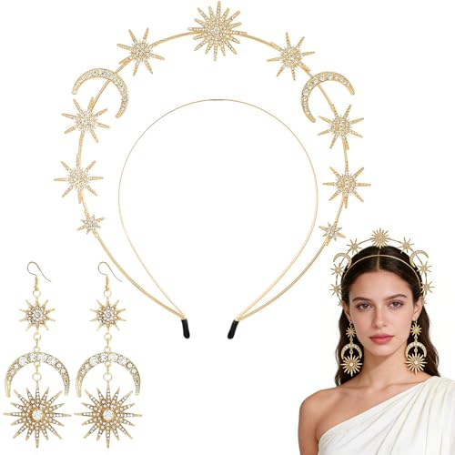 Shengruili Stern Mond Stirnband,Haarreif Mond Gold,Kopfschmuck Gold Sterne,Gesichtstattoo Sterne,Haarreif Stern Und Mond für Halloween Cosplay Maskerade Geburtstag Kostümparty