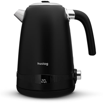 Huslog Elektrischer Wasserkocher mit Temperaturanzeige 1,7L 2200W Retro design 7 Temperaturstufen Edelstahl Drehknopf präzise Temperaturregelung Schwarz