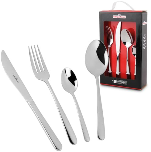 MAGEFESA VERA Cubertería de 16 Piezas Fabricada en Acero Inoxidable, 4 Comensales y Formada por Cuchillos de Mesa, Tenedores, Cucharas y Cucharillas