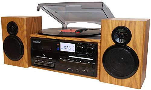 Boytone BT-28SPW, giradischi Bluetooth in stile classico con radio AM/FM, lettore CD/cassette, 2 altoparlanti stereo separati, registrazione da vinile, radio e cassette a MP3, slot SD, USB, AUX.