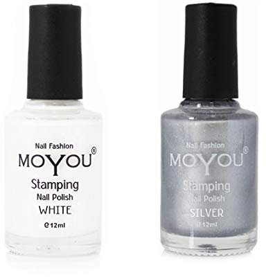 Moyou pack of 2: Stamping Nail Polish: White and Mystic Stone Silver, to create nail art designs