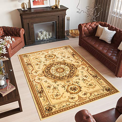 TAPISO Yesemek Klassisch Teppich Kurzflor Wohnzimmer Orientalisch Floral Medaillon Muster Bordüre Creme Beige Barock Design ÖKOTEX 200 x 300 cm