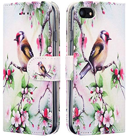 NWNK13 iPhone Se 2022 / iPhone 8 / iPhone 7 / iPhone Se 2020 Case Cute Bird Leather Wallet Book Flip Stand View Phone Cover with Card Holder Slots Green