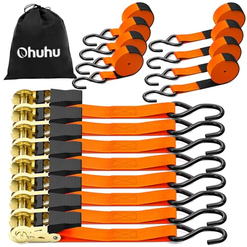 Ratchet Tie Down Strap 8-Pack 15 Ft - 500 lbs Load Cap with 1500 lbs Breaking Limit, Ohuhu Ratchet Tie Downs Logistic Cargo Straps for Moving Appliances, Motorcycle, Orange