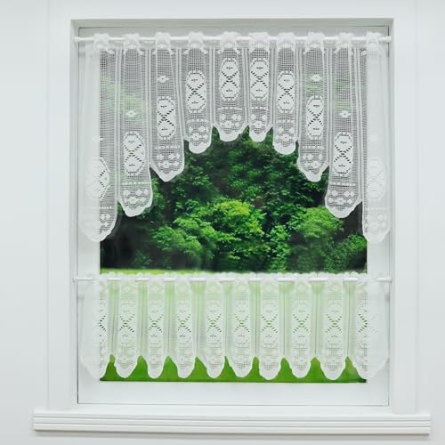 HeichkelL Scheibengardine 2 Teilige Spitze-Jacquard Vorhang Set C-Bogen HxB 60x160cm und Bistrogardine HxB 30x160cm Stangendurchzug Karo-Muster Weiß