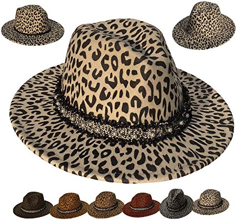 VPbao Damen Herren Fedora-Hüte mit Leder und Perlenschnalle, breite Krempe, Cosplay, Panama-Kappe (37 Farben), Filz, Leopardenmuster, Beige, Einheitsgröße