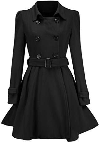DETOPER Damen Trenchcoat Übergangsjacke Damenjacke Classic Taillierter Passform Wollmix Wintermantel Zweireiher Langer Mantel mit Gürtel Jacke Kleid Windbreaker