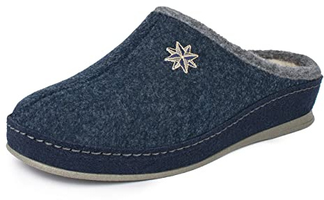 SCHAWOS Damen Filz Pantoffel Lisa, Warmer Winter Hausschuh Mit Schurwoll-Futter, Feste Rutschhemmende Sohle, Anatomisch Geformtes Fußbett, Farbe: Marine, Größe: 42