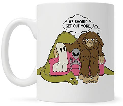 Funny Bigfoot Sasquatch Alien Ghost Nessie Loch Ness Monster Coffee Mug, Paranormal Cryptid Cryptozoology Gift, Sci Fi Tea Cup 11 OZ, White