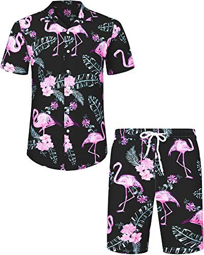 J.VER Mens Shirt and Shorts Matching Hawaiian Summer Black Flamingo Tropical Floral Casual Funky Ugly Beach Holiday Shirts Set M