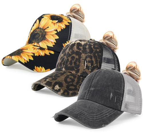 kozinu Baseballmütze mit Pferdeschwanz, Netzstoff, gewaschen, Used-Look, Vintage-Stil, Baumwolle, Trucker-Mütze für Damen, Cem-Sonnenblume + Leopard + Schwarz, Einheitsgröße