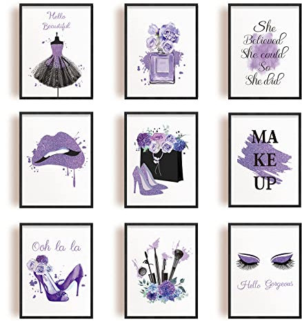 INFUNLY 9pcs Purple Makeup Wall Art UNFRAMED Makeup Posters 8X10 Perfume Lipstick Canvas Art Posters for Living Room Home Decor