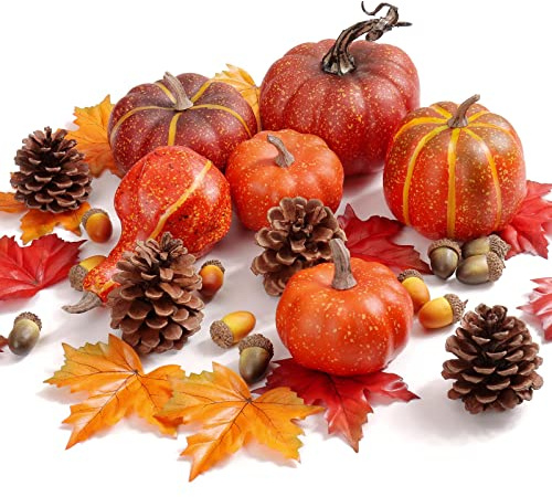 Briful Kunstpflanze Set Künstlicher Kürbis, Tannenzapfen, Künstliche Ahornblätter Herbstlaub, Gemischte Farbe für Halloween DIY-Herbstdekorationen