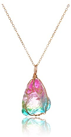 IUDWCG 1 Pcs Arco Iris Piedra Cristal Roca Cuarzo Colgante Collar Piedra de nacimiento Chapado en oro Alambre completo Envoltura Collar de piedras preciosas Joyas para el regalo del Día de la Madre