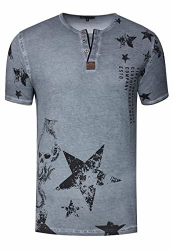 T-Shirt Herren Vintage-Washed Rundhals-Henley-Shirt Printed Casual-Fit Knopfleiste Verwaschen Streetwear Kurzarm-T-Shirt 290
