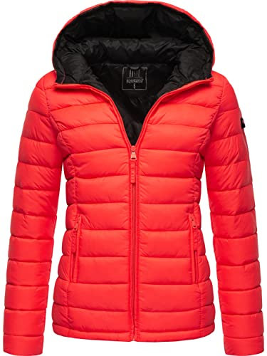 MARIKOO Damen Übergangsjacke leichte Steppjacke kurz mit Kapuze Lucy Neon Coral Gr. S
